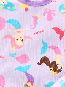 SHEIN Setelan Atasan Lengan Panjang dan Celana Motif Putri Duyung untuk Bayi Perempuan dengan Selendang, Gaya Sederhana, Pakaian Rumahan - Purple - View 3