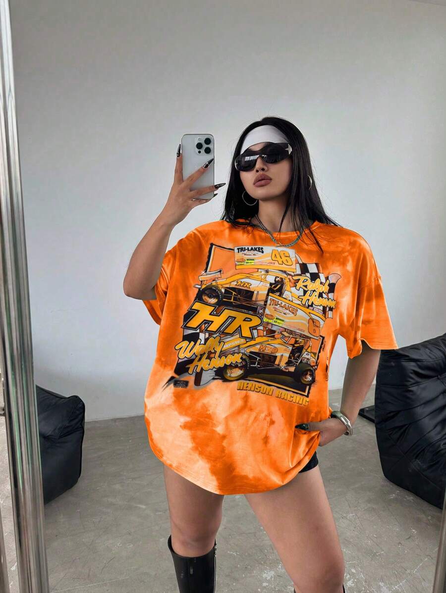 Flirla Plus Size Digital Tie-Dyeing Printed Women's Round Neck Drop Shoulder Sleeve T-Shirt With Motorcycle, Letter And Car Pattern Graphic Tees Women Tops, For Summer - Orange - View 1