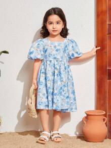 SHEIN Young Girl Woven Ditsy Floral Loose Fit Casual Vacation Dress With Round Neckline And Puff Sleeves