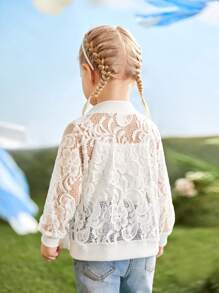 SHEIN Young Girl Single Breathable Lace Ribbed Zipper Jacket Coat,  Elegant - White - View 2