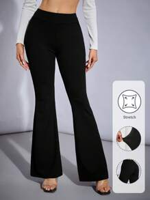 SHEIN Tall 女式高腰針織彈性修身黑色喇叭褲 - 黑色 - 查看 1