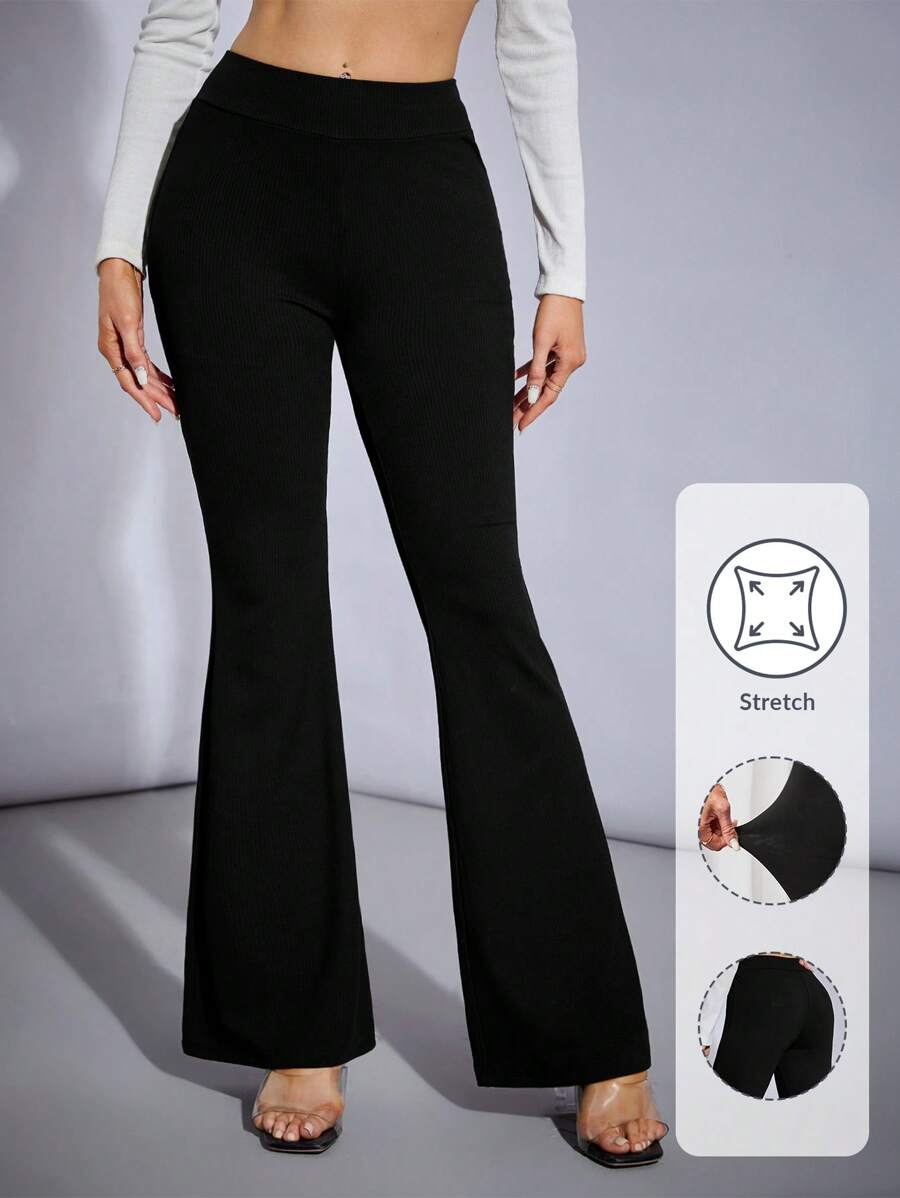 SHEIN Tall 女式高腰針織彈性修身黑色喇叭褲 - 黑色 - 查看 1