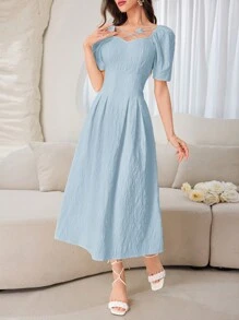 Modelyn 女士夏季優雅純色泡泡袖腰高連衣裙 - 藍色 - 查看 4