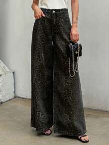 DAZY 女式豹紋寬腿休閒牛仔褲，附有口袋 - 卡其色 - 查看 5