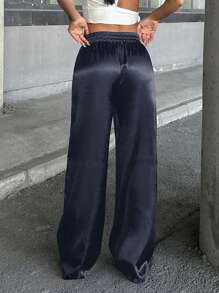 EURMUSE Satin High Waist Wide Leg Pant - Aquarius Blue - View 2