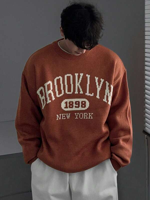 DAZY Men's Casual Letter Printed Round Neck Long Sleeve Orange Sweater, Autumn