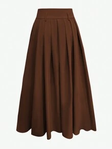 RosyDaze Solid Color Simple Pleated Skirt, Daily Casual Wear Maxi Women Outfit Fall Cloth For Women