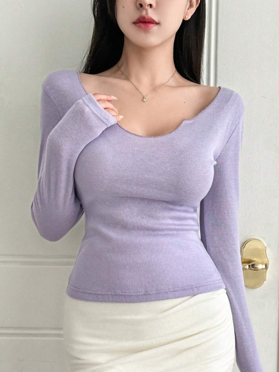 DAZY Women's Solid Color Slim Fit Long Sleeve T-Shirt With V-Neckline For Spring/Summer - Violet Purple - View 1