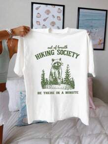 INAWLY Women's Oversized Raccoon Print Drop Shoulder T-Shirt, Long And Loose Style Graphic Tees Women Tops