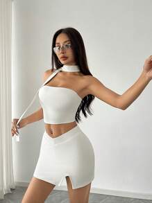 Lunelith SHEIN Lunessa Damen 2-teiliges Set aus trägerlosen, rückenfreien, einfachen Top und Bodycon Rock mit ausgeschnittenem Saum