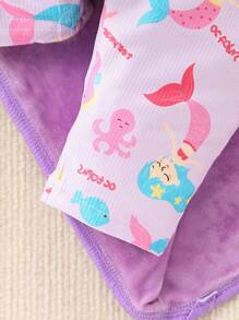 SHEIN Setelan Atasan Lengan Panjang dan Celana Motif Putri Duyung untuk Bayi Perempuan dengan Selendang, Gaya Sederhana, Pakaian Rumahan - Purple - View 5