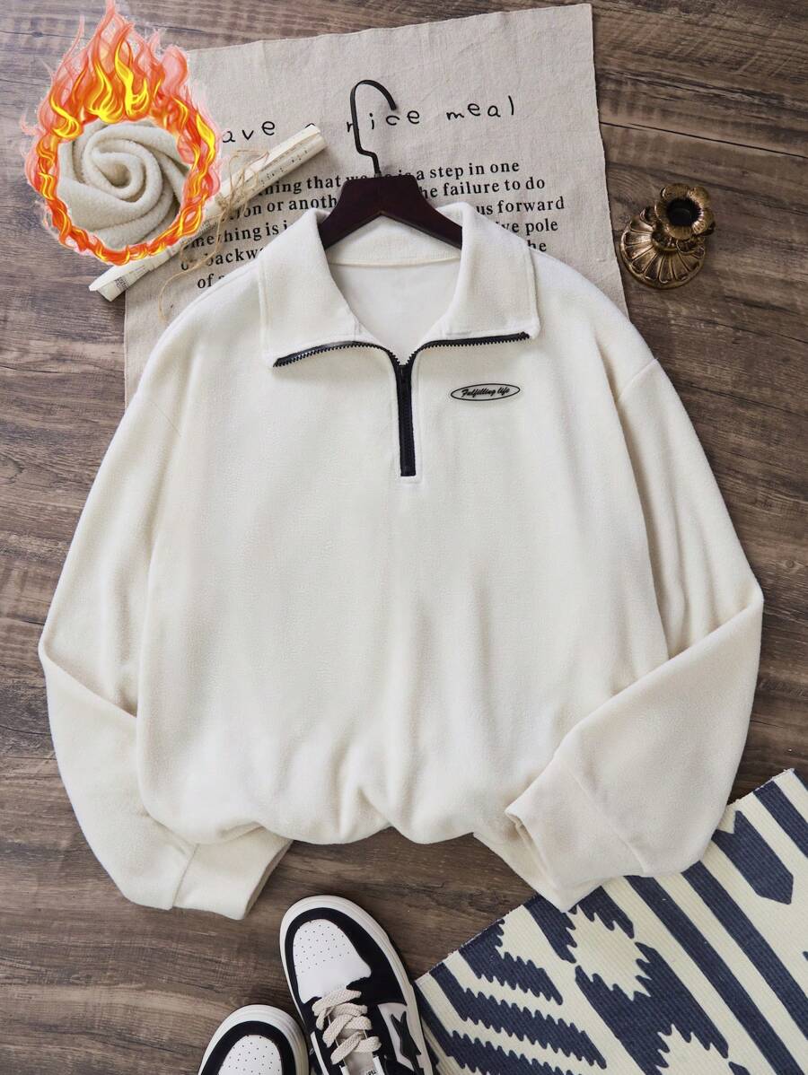 Teen Girls' Casual Fashionable Half Zip Stand Collar Fleece Pullover, With Letter Badge, For Autumn/Winter, Suitable For Traveling And School/Work Commute - Apricot - View 1