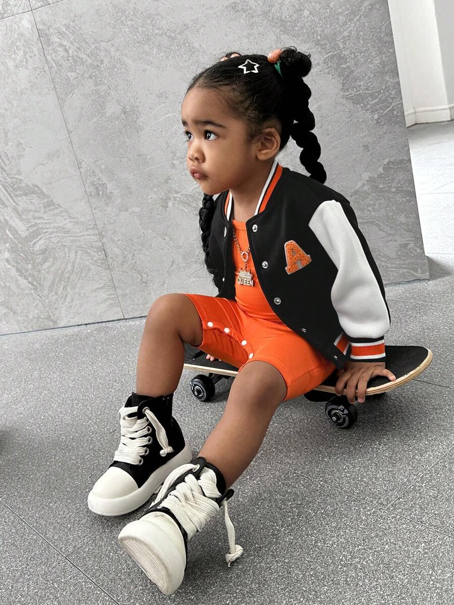 SHEIN Explorewe Bộ 2 chiếc áo khoác bóng chày khối màu và quần short tổng thể cho bé gái, mùa Thu/Đông - trái cam - Xem 1