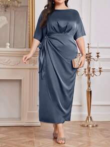 Modelyn Plus Size Women's Elegant Solid Color Round Neck Batwing Sleeves Side Knot Long Dress, Summer Long Evening Dresses - Dusty Blue - View 7