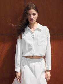 BizChic Women's Casual Solid White Zipper Jacket With Pockets, Long Sleeve - White - View 7