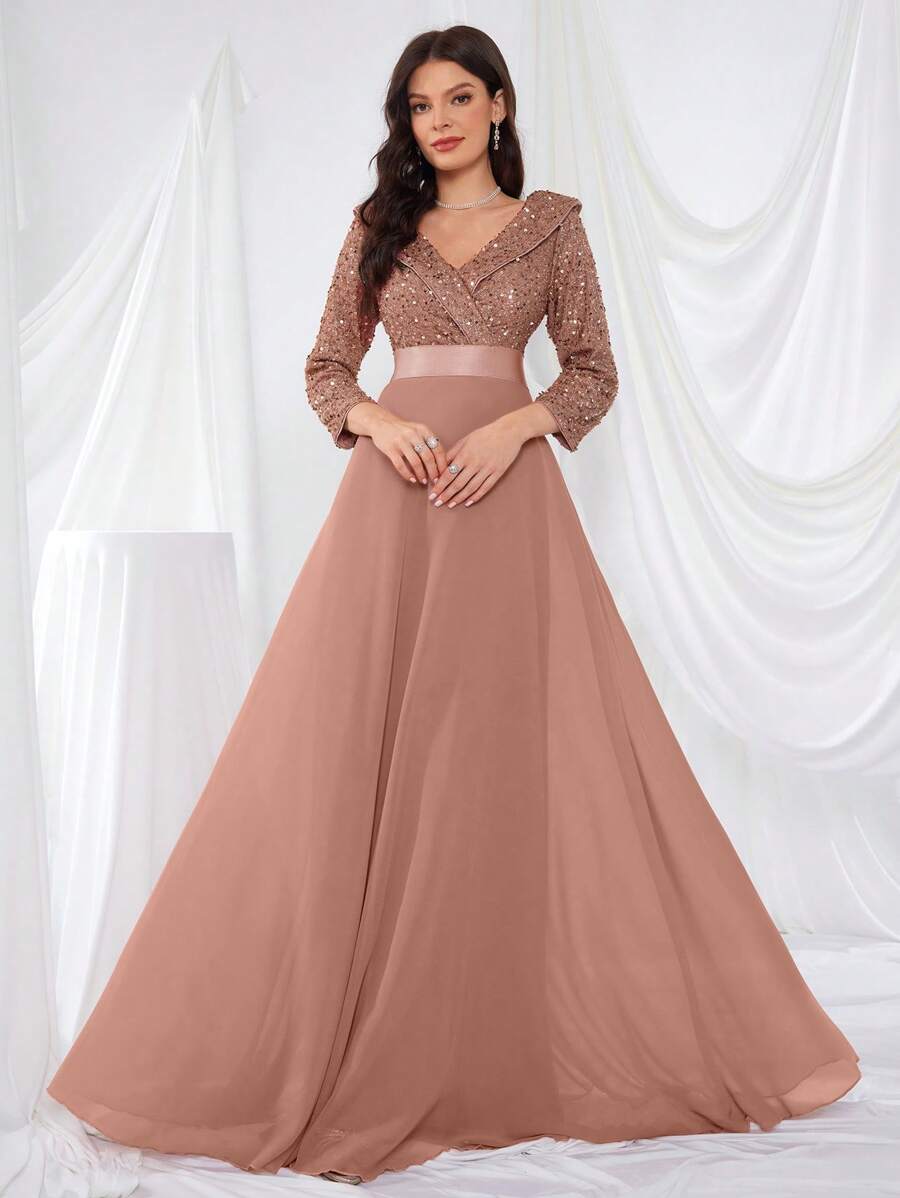 UNITHORSE Doll V-Neck Cropped Sleeve Sequin Patchwork Full Dress Formal Dress Elegant Long Sleeve Prom Semi Formal Wedding Guest Dress, For Birthday, Graduation, Homecoming