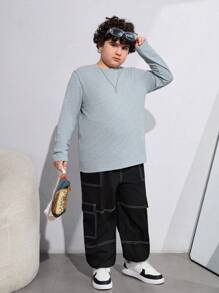 SHEIN Tween Boys Extended Size Regular Long Sleeve T-Shirt 4pcs Set, Fall/Winter