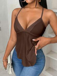 BamGleam 女士夏季純色不對稱下擺露背肩帶背心，配有綁帶背部設計 - 棕色 - 查看 6