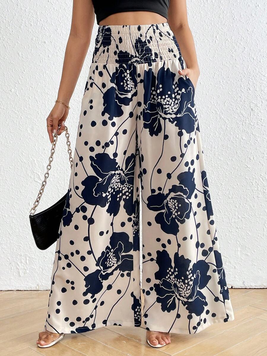 SHEIN LUNE Women's Printed Wide-Leg Iced Silk Pants - Navy Blue - View 1