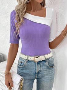 SHEIN Clasi Summer Women's Slim Fit Colorblock Asymmetrical Collar Short Sleeve T-Shirt