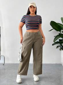 Comfortcana Plus Size Women Colorful Striped Round Neck Short Sleeve T-Shirt, Summer - Multicolor - View 3