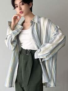 FRIFUL 女士条纹印花简约日常长袖衬衫 - 黃色 - 查看 2