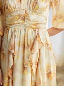 MOTF PREMIUM ALLOVER FLORAL PRINT V-NECK LANTERN SLEEVE RUCHED WAIST DRESS - Yellow - View 3