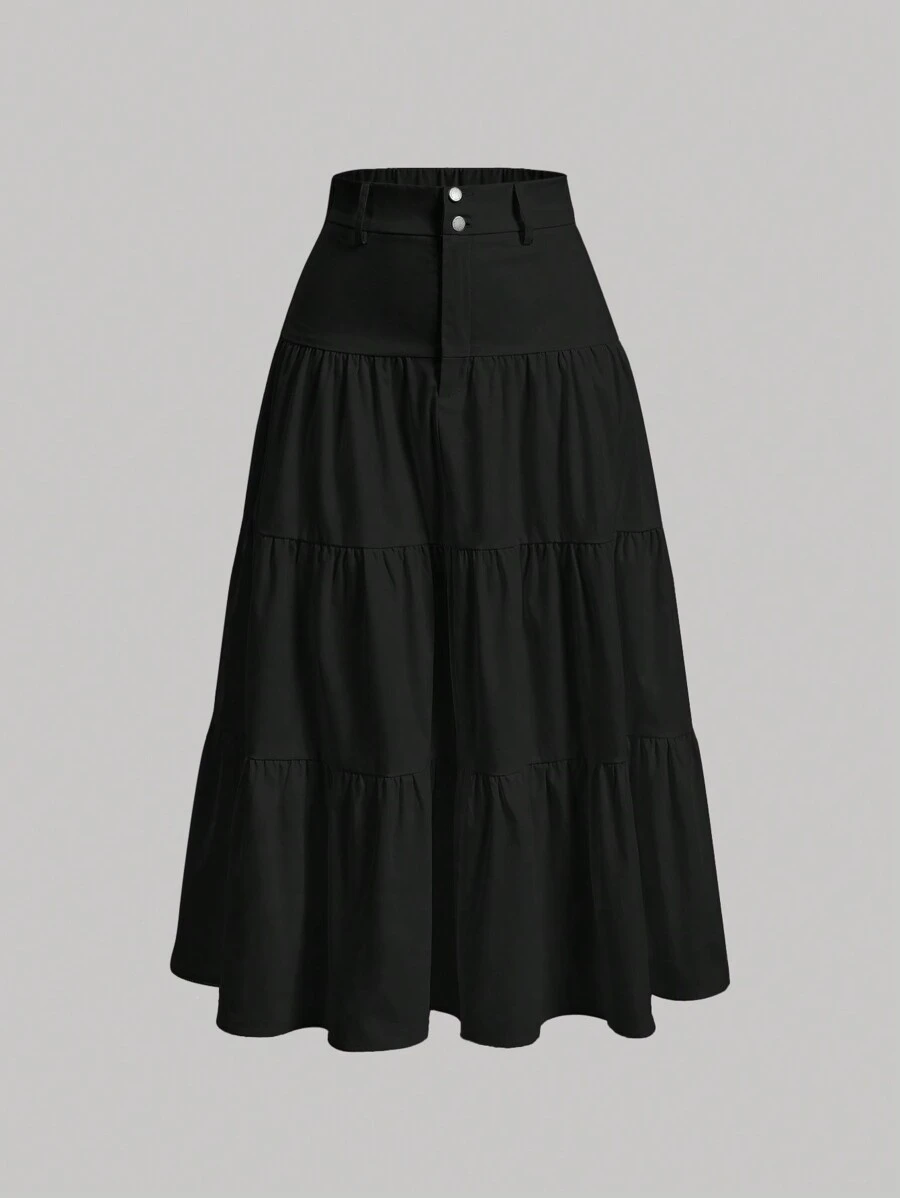 SHEIN MOD Chân váy xếp nếp cạp cao trơn - màu đen - Xem 1