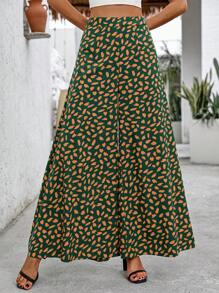 SHEIN LUNE 女士高腰寬腿鬆身休閒長褲，隨機印花設計可裁剪 - 綠色 - 查看 4