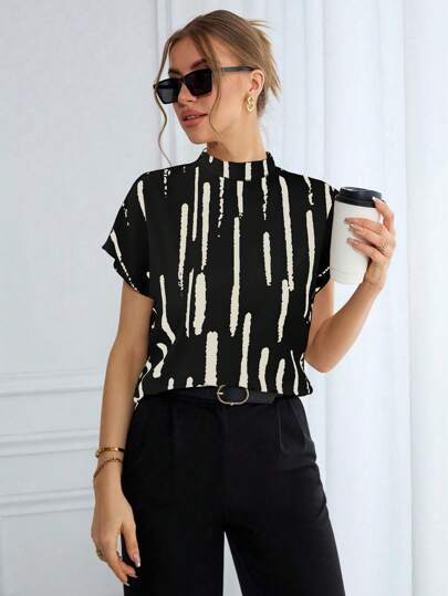 SHEIN Essnce Women's Summer Brush Print Stand Collar Short Sleeve Casual Loose Shirt