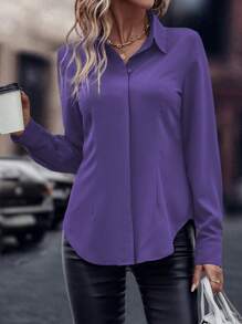 EMERY ROSE Áo Sơ Mi Dài Tay Màu Trơn Xuân Thu - Màu tím - Xem 3