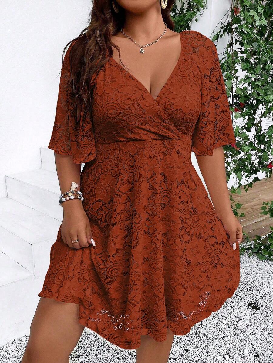 Rometta Plus Size Women's Lace Decorated Simple Daily Short Sleeve Dress - Rust Brown - View 1