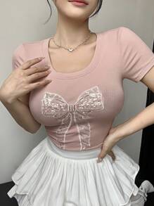 DAZY Women's Valentine's Pink Bow Decor Short Sleeve Tee Cute Tops