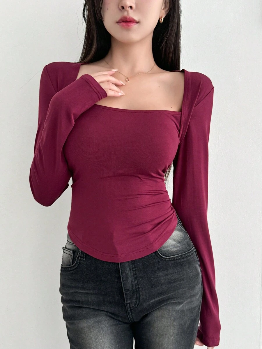 DAZY 女式春夏季單色方領長袖修身褶皺T恤