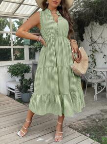 SHEIN Clasi 大尺碼女性夏季條紋無袖V領高衩連身休閒長裙 - 彩色 - 查看 4