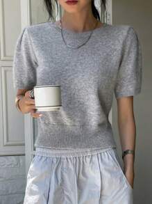 DAZY Solid Color Crew Neck Short Sleeve Knit Top,Fall Clothes - Grey - View 8