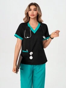 TaskEZ 女士撞色边饰 4 口袋上衣 - 黑色，配青色边饰拼色短袖制服上衣 手术服上衣 - 舒适工作制服 - 彩色 - 查看 12