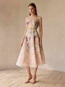 MOTF PREMIUM ORGANZA FLORAL PRINT FLARE HEM MIDI DRESS WITHOUT BELT, WOMEN OUTFIT