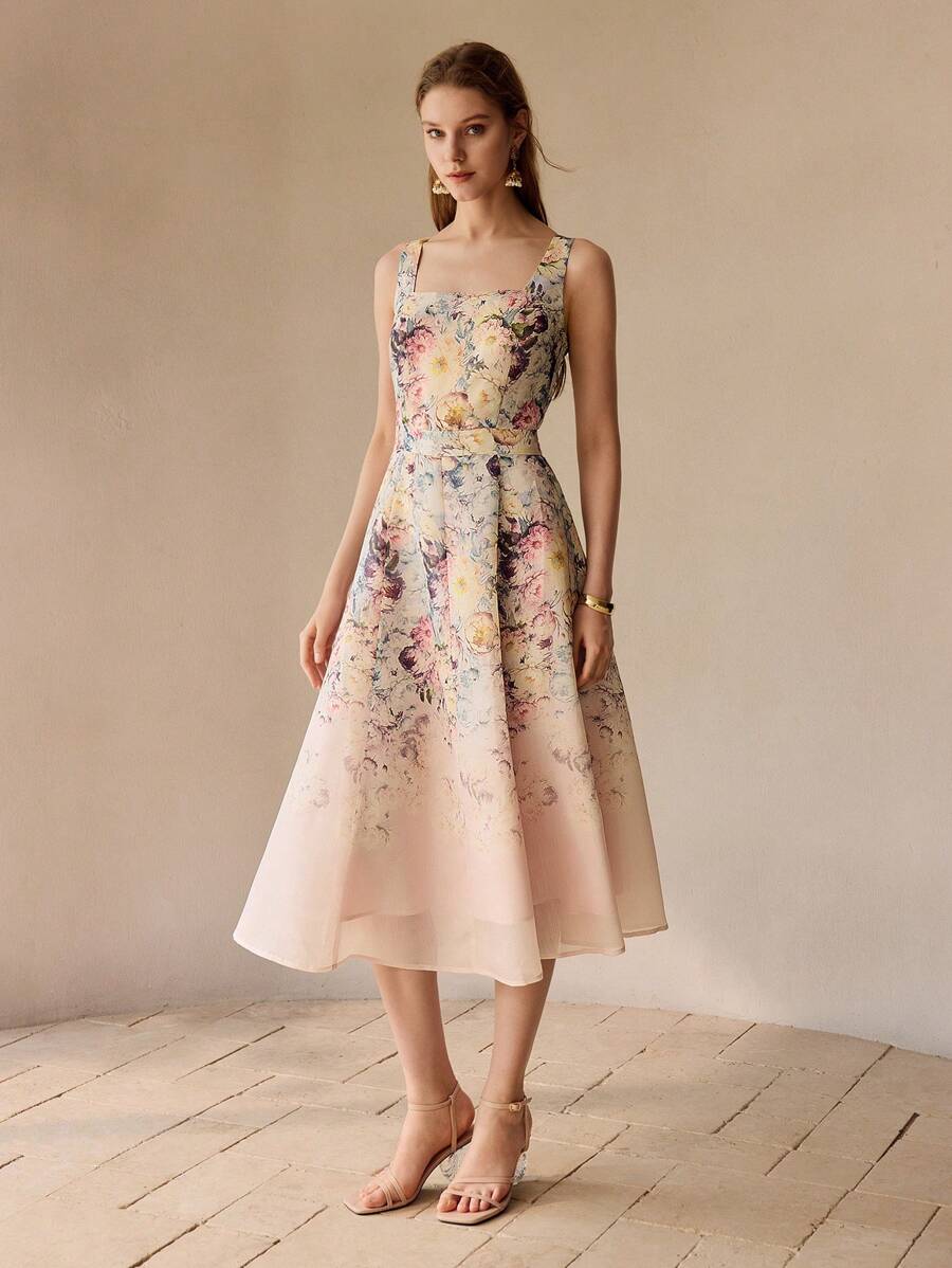 MOTF PREMIUM ORGANZA FLORAL PRINT FLARE HEM MIDI DRESS WITHOUT BELT, WOMEN OUTFIT