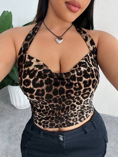 SHEIN EZwear 大码女式针织豹纹领口背心