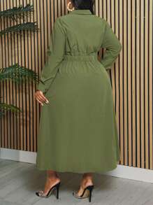 Slaydiva Plus Size Elegant & Commuting & Daily Wear Half-Opening Green Shirt Style Long Dress With Waist Belt, Spring & Autumn - Army Green - View 2