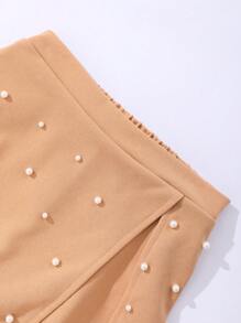 SHEIN 青少女純色荷葉肩圓領長袖上衣+側開叉短褲套裝 - 卡其色 - 查看 4