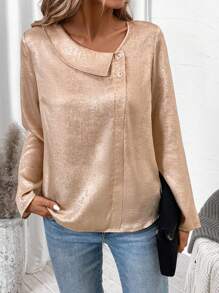 EMERY ROSE Fall Outfits Coated Shiny Asymmetrical Collar Long-Sleeved Shirt - Gold - View 6