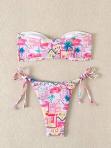 SHEIN Swim 女士夏季海灘比基尼套裝，空心椰樹圖案胸圍上衣配束邊下著 - 粉色 - 查看 2