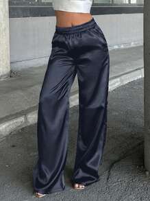 EURMUSE Satin High Waist Wide Leg Pant - Aquarius Blue - View 5