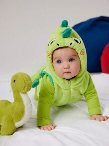 SHEIN 3 件套男婴荧光绿色可爱 3D 恐龙图案家居服套装，适合万圣节派对 - 綠色 - 查看 5