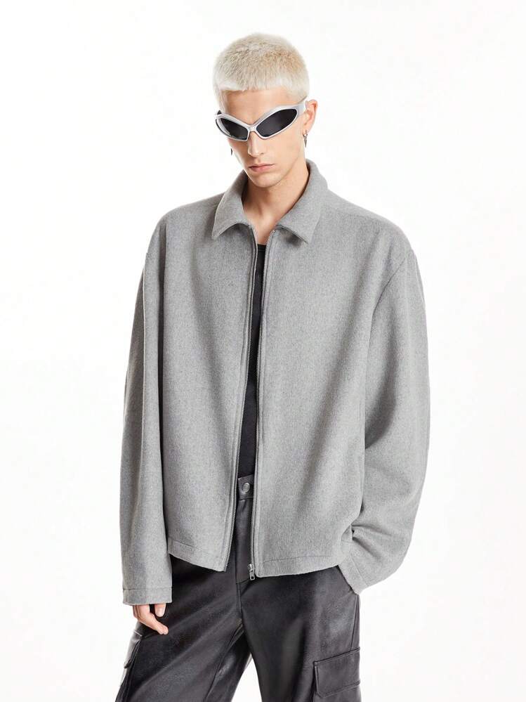 Manfinity VCAY 男士麦尔登呢面料做旧宽松简洁修身拉链夹克外套，适合秋冬 - 淺灰色 - 查看 2
