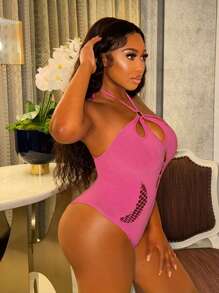 VaVaBold BAE Pink High Elasticity Tight Mesh See-Through Sexy Nightclub Party Bodysuit, Lace & See-Through Cutouts