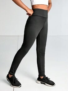 SHEIN Tween 女童黑色瑜伽健身跑步骑行透气弹力舒适高腰纯色裤子