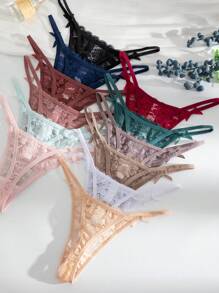 SHEIN 12 chiếc/gói quần lót ren gợi cảm G-string lãng mạn cho phụ nữ, đồ lót nhiều màu sắc - Nhiều màu - Xem 2